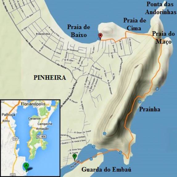 Mapa da trilha entre a Guarda do Embaú e a Praia da Pinheira, no litoral sul de Santa Catarina (mapa da internet)